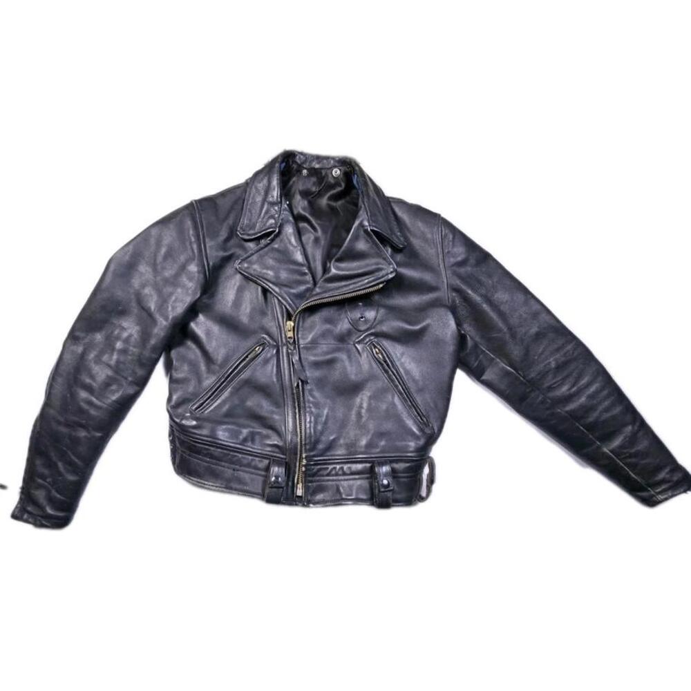 Vtg Unbranded CHP Style Double Rider Black Leather Policeman Jacket - Sz 42